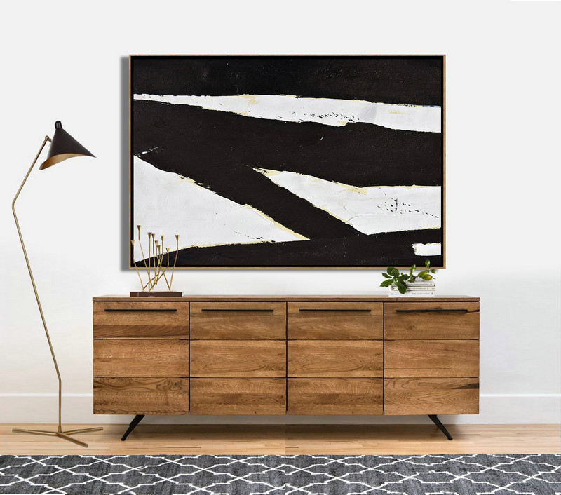Original Abstract Painting Canvas Art,Horizontal Palette Knife Minimal Canvas Art Painting Black White Beige - Extra Large Canvas Art,Handmade Acrylic Painting
